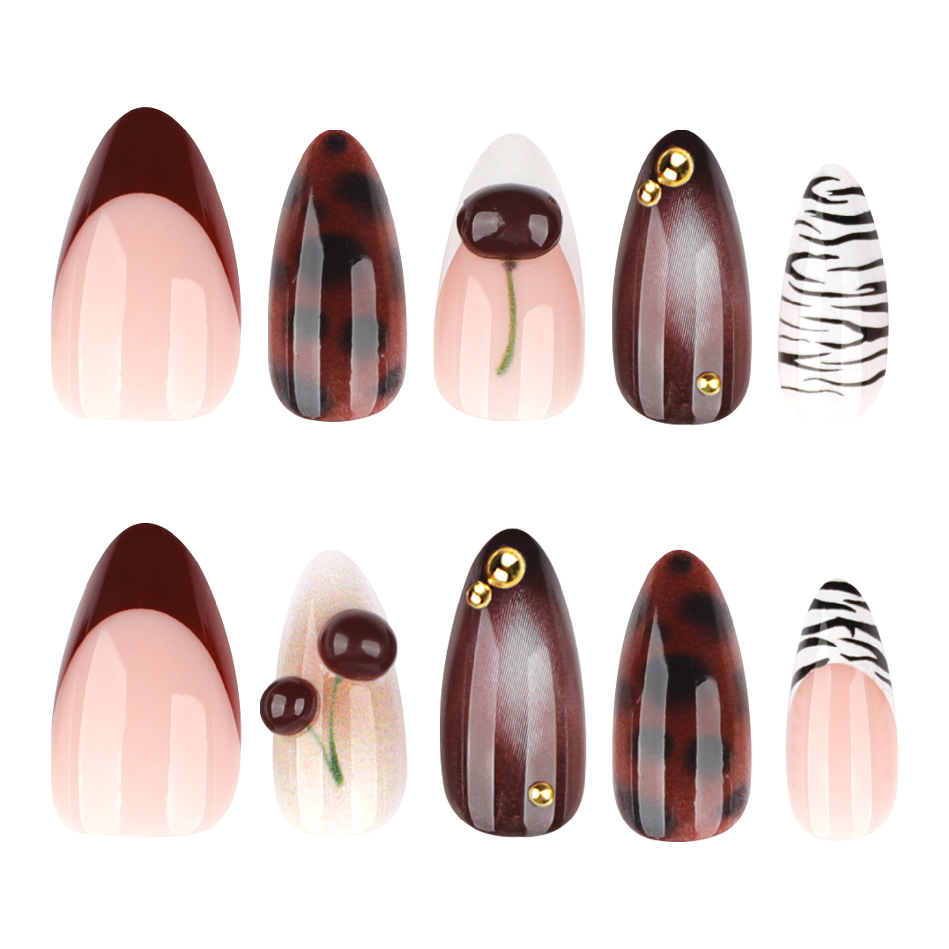 Nail Art Burgundy - 24 Stück Burgunder Nude Braun Aufklebenägel