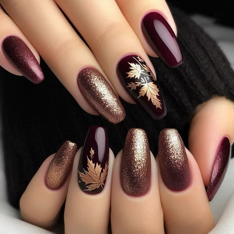 Nail Art Burgundy - 24 Stück elegante burgunderrote Glitzer-Nagelkunst mit