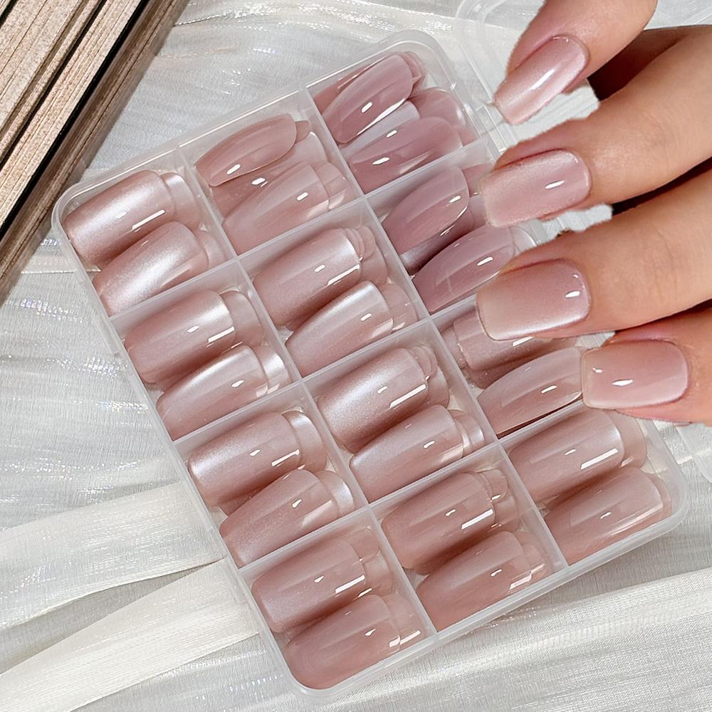 Nail Art Pink Cat Eye - 144 Stück glänzende, hautfarbene, rosa Katzenaugen-Kunstnägel,