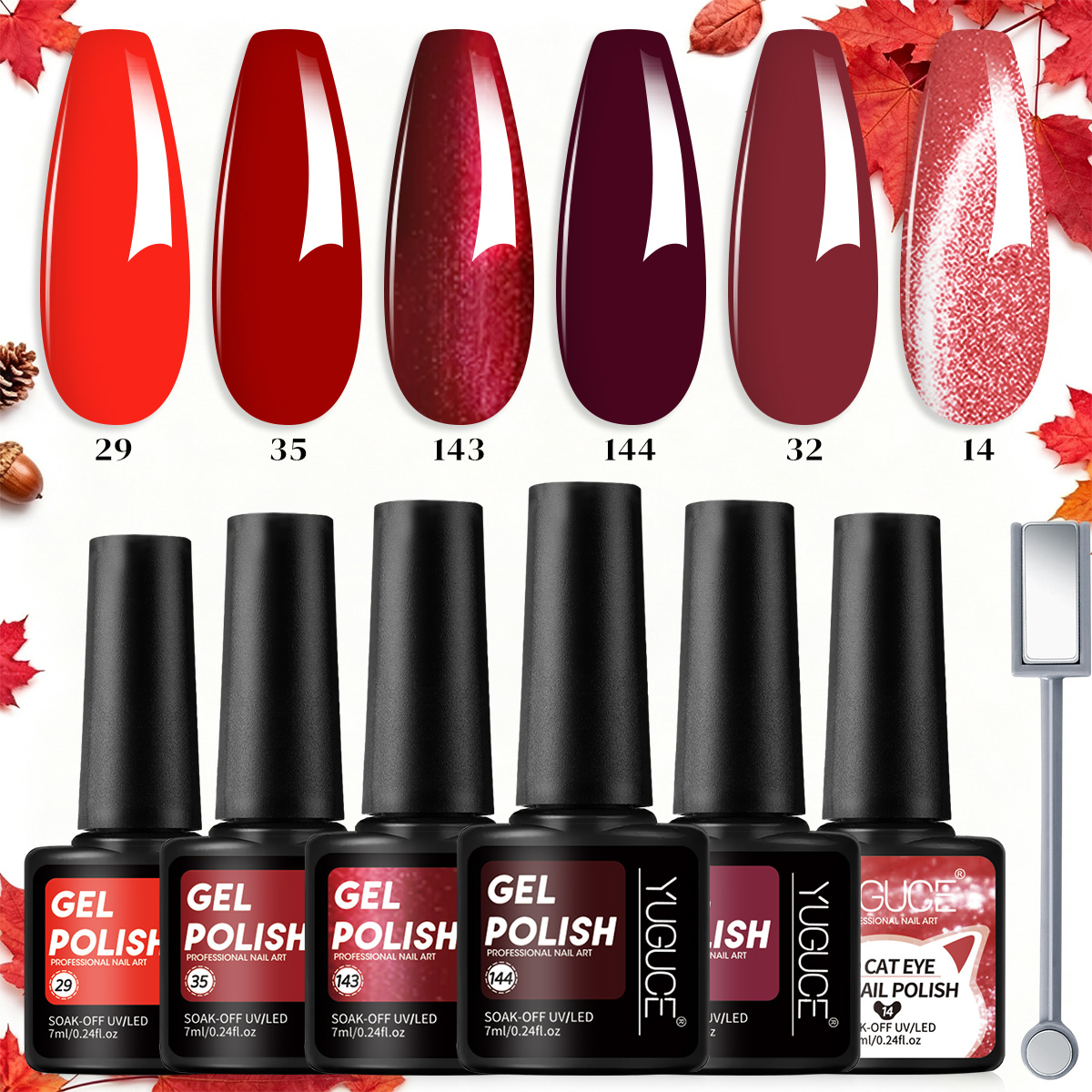 Nail Art Red Wine Cat Eye - 7-teiliges Set aus weinrotem und burgunderrotem