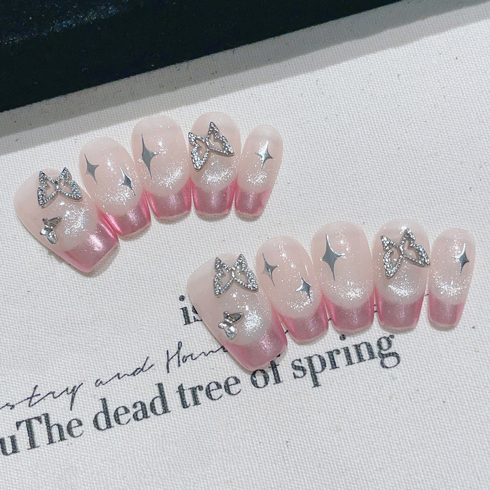 Nail Art Pink - 10 Stück kurze, trapezförmige, handgefertigte Press-On-Nägel,