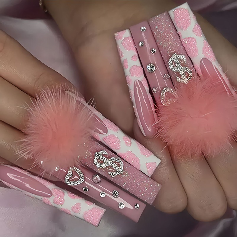 Nail Art Pink - 24 Stück extra lange quadratische Presse