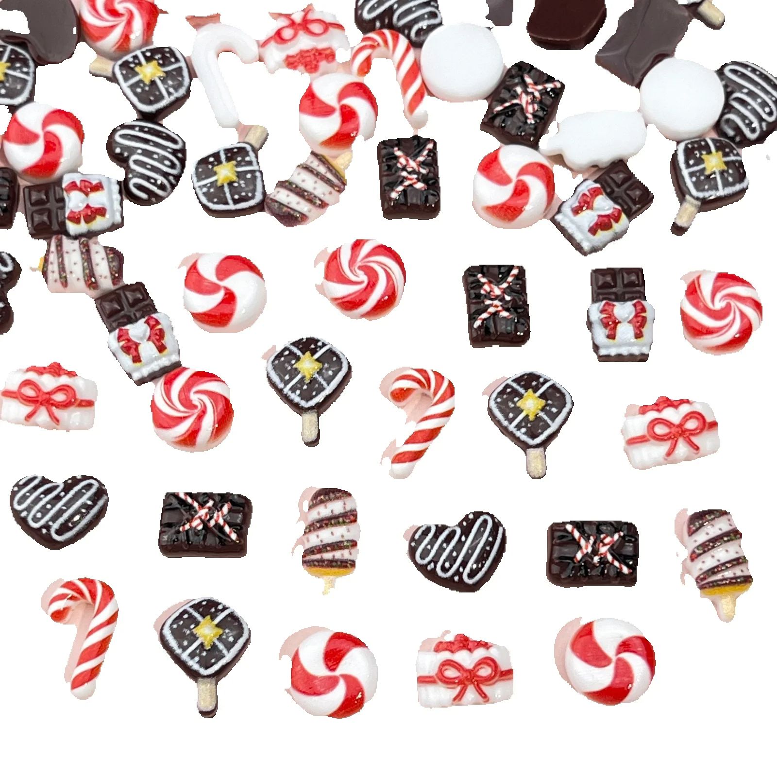 Nail Art Xmas - 50 Stück Harz-Mini-Weihnachtsdekorationen: Cartoon-Zauberstab, Kuchen, Eis